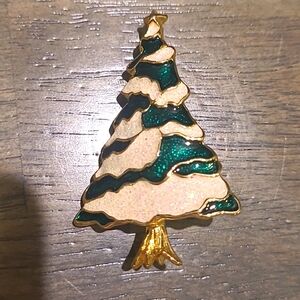 SFJ Green & White & Gold Christmas Tree brooch pin
